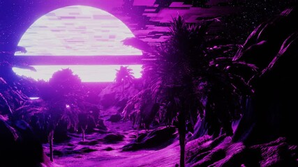 Wall Mural - Retro futuristic beach with palm tree in pink light and windy weather. 3D render seamless animation in perfect loop. Abstract concept, synthwave wireframe, futuristic cyberpunk