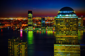 Sticker - Rooftop night view of New York City midtown and Hudson River with urban skyscrapers