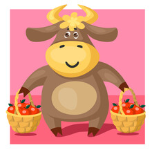Funny Bull Or Cow, Symbol Of The New Year 2021, With Wicker Baskets Full Of Red Apples. Vector Cartoon Illustration Or Postcard.