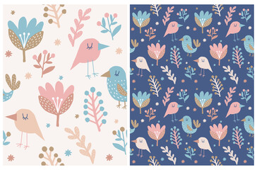 Funny Floral Seamless Vector Pattern. Abstract Freehand Flower and Birds Print.Pastel Color Hand Drawn Flowers and Birds Isolated od a Light Beige and Dark Blue Background.Cute Abstract Garden Design.