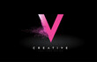 V Letter Logo with Dispersion Effect and Purple Pink Powder Particles Expanding Ash