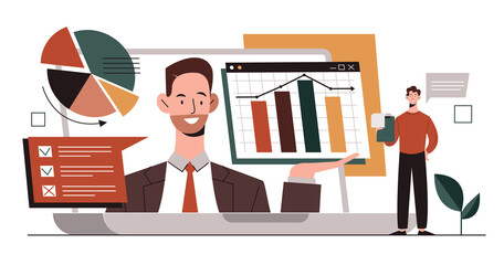 Poster - online financial consulting concept with a business analyst who shows graphs and charts on a laptop 