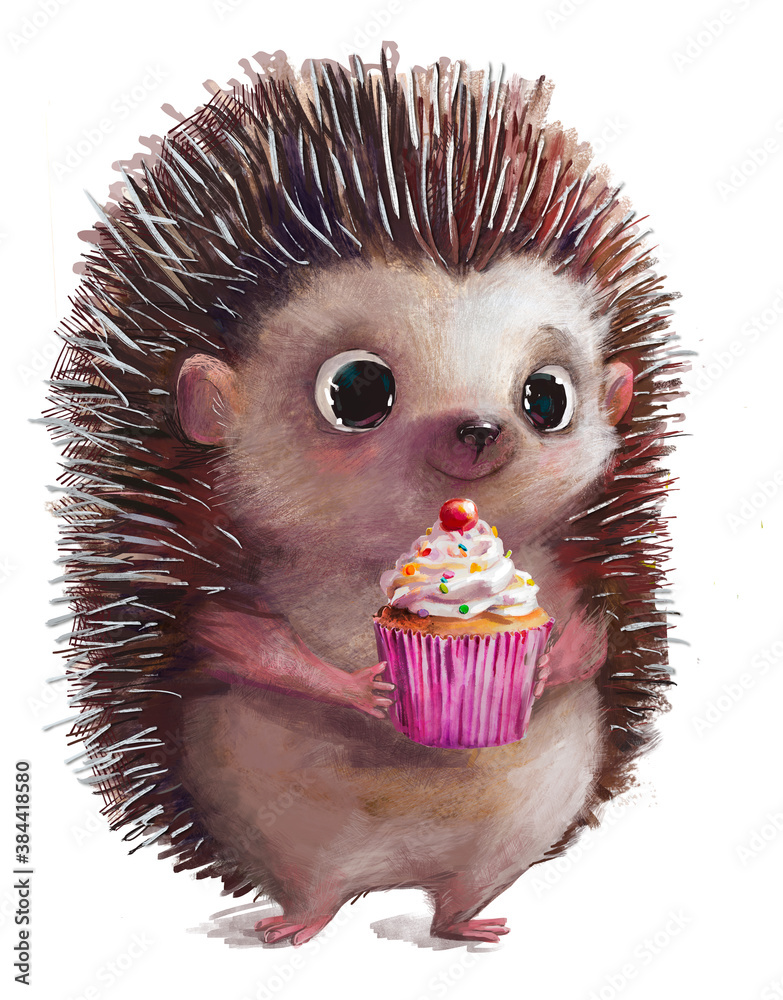 cute hedgehog with present pink birthday cake - obrazy, fototapety, plakaty 