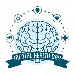 Canvas Print - Mental Health Day lettering with brain and icons around