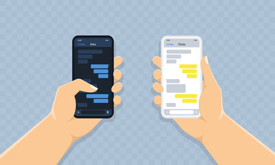 Poster - New chat messages notification on mobile phone. Chat app social network template in dark and light theme on smartphone. Sms bubbles on cellphone screen. Quarantine spare time, covid pandemic