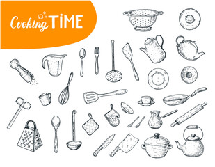 Kitchen utensils hand drawn vector illustration. Different kitchen utensils set. Engraved illustration.