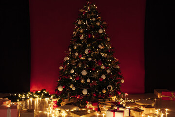 Christmas tree shines lights garlands New Year's Night Red Wall