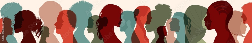 Diversity multiethnic people. Group side silhouette men and women of different culture and different countries. Coexistence harmony and multicultural community integration. Racial equality - obrazy, fototapety, plakaty 