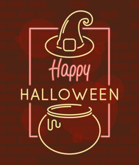 Wall Mural - happy halloween lettering in neon light with witch cauldron and hat