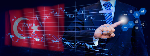 Businessman touching data analytics process system with KPI financial charts, dashboard of stock and marketing on virtual interface. With Turkey flag in background.