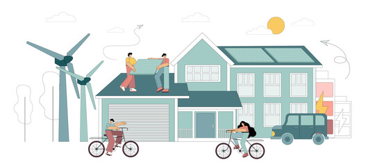 Ecology and green energy concept. Save the planet, reduce global warming. Vector flat illustration with flat men, solar panels, alternative fuel. Green lifestyle.