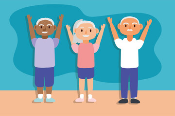 Wall Mural - interracial old people practicing exercise active seniors characters