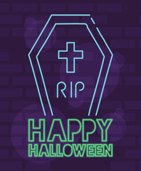 Sticker - happy halloween lettering in neon light with coffin