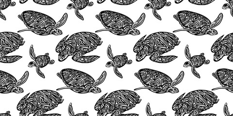 Wall Mural - Swimming ornate turtles seamless pattern. Vector black ink drawing animal background. Hand drawn monochrome graphic illustration