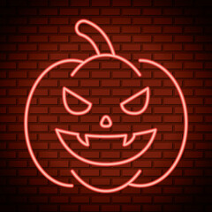 Sticker - happy halloween pumpkin with dracula teeth in neon light