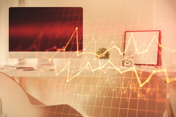 Multi exposure of stock market chart drawing and office interior background. Concept of financial analysis.