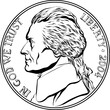 Jefferson nickel, American money, United States five-cent coin with Jefferson, third President of USA on obverse. Black and white image