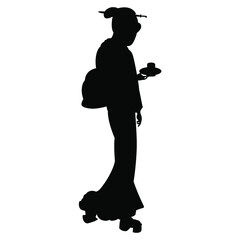 Standing Japanese girl in kimono holding cup of tea or coffee. Black silhouette on white background.