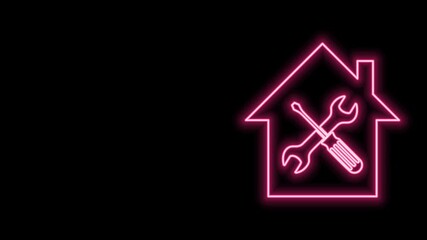 Poster - glowing neon line house or home with screwdriver and wrench icon isolated on black background. adjus