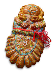 Bread 'Guagua de pan' or Ecuadorian bread figures. Breads made of wheat, molded and decorated in the shape of a small child or baby, tradition for events 'Day of the Dead'. Cuenca, Ecuador. Isolated