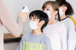 © JR-50 - A group of Kids students wearing masks lined up waiting for woman teachers to Check Fever by Digital Thermometer in the classroom for Scan and Protect from Coronavirus Outbreak - Healthcare Concept