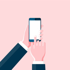 Poster - Cartoon hand holding smartphone and touch on blank black screen on pink background