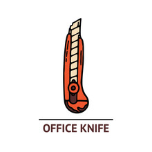 Hand Drawn Office Knife Icon. Professional Labor Construction Tool With Beige, Orange And Brown Colors
