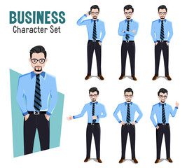 Poster - Business man vector characters set. Businessman character boss in different standing pose and gestures for male manager cartoon collection design. Vector illustration.