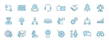 Teamwork Outline Vector Icons In Two Colors Isolated On White. Teamwork Blue Icon Set For Web And Ui Design, Mobile Apps And Print Products