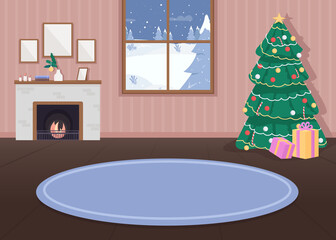 Wall Mural - Christmas decorated house flat color vector illustration. Xmas celebration. Holiday decorations. Evergreen tree with lights. Hygge fireplace. Cozy 2D cartoon interior with snowy forest on background