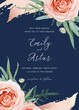 Wedding invite, invitation card floral design. Blush peach rose flowers, green asparagus fern, eucalyptus leaves frame with cinnamon rose, gold brush stroke. Vector art bouquet on navy blue background