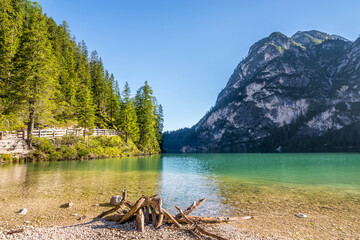 Wall Mural - View at the mountain nature by the Lake Braies in South Tyrol - Italy