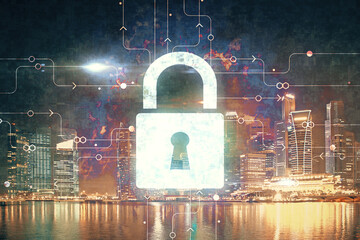 Poster - Lock icon hologram on city view with skyscrapers background multi exposure. Data security concept.
