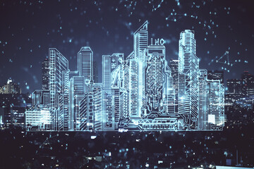 Double exposure of buildings hologram over cityscape background. Concept of smart city.