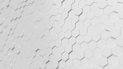 Wall Mural - Animation movement of white hexagons with wave movements, honeycomb with offset effect. White abstract sci-fi background. Hexagonal wall moves in waves. Looping Seamless 3D Animation