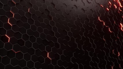 Poster - Animation movement of red hexagons with wave movements, honeycomb with offset effect. Red abstract neon glowing sci-fi background. Hexagonal wall moves in waves. Looping Seamless 3D Animation
