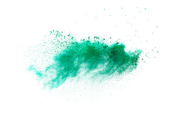 Wall Mural - Splash of green colored powder on white background.Green powder explosion.