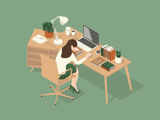 women fell asleep on the table while working. Isometric Illustration about working on the table.
