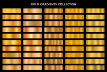 Collection Of Gold And Bronze Gradients. Golden Texture Gradation Background Set. Vector Metallic Gradients. Elegant, Shiny And Bright Gradient Collection For Chrome Button, Frame, Ribbon Design.