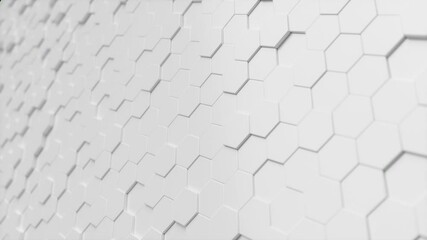 Wall Mural - Abstract white-blue futuristic hexagons surface pattern, honeycomb with offset effect. Hexagonal wall moving in waves. Abstract futuristic surface of hexagonal pattern. Looped Seamless 3D Animation