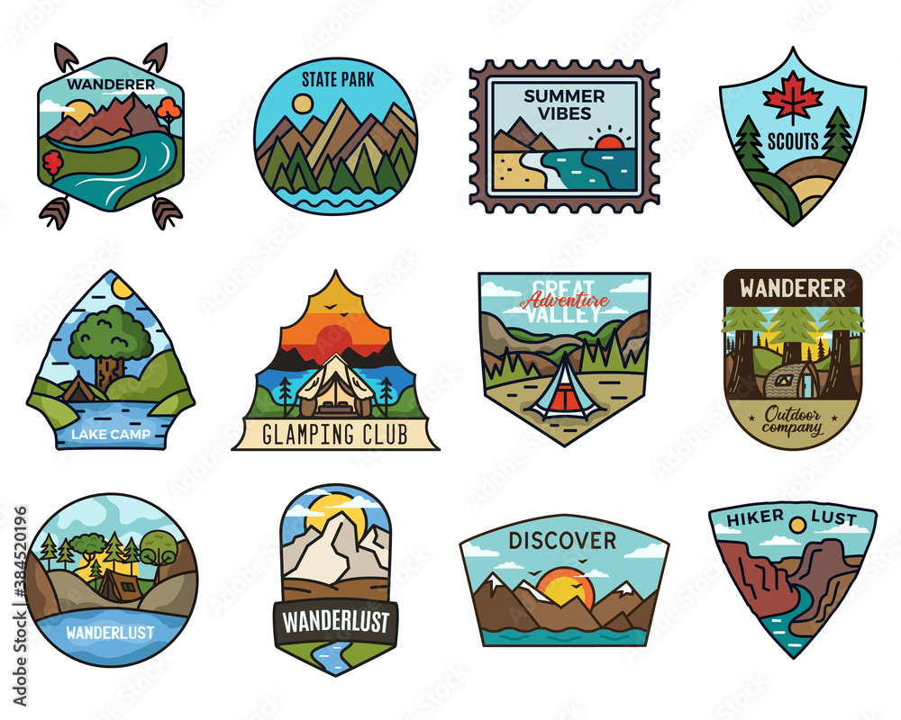 Travel adventure logos collection, Vintage camping emblems. Hand drawn hiking emblems, mountain stickers designs bundle. Discover, state park badges, scouts labels. Stock vector. - obrazy, fototapety, plakaty 