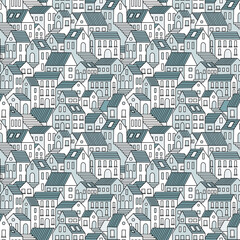  Old town hand drawn seamless pattern. Vector endless background with town houses.