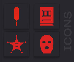 Wall Mural - Set Thief mask, Feather pen, Law book and Hexagram sheriff icon. Vector.