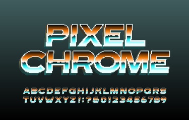 Poster - Pixel Chrome alphabet font. 3d pixel letters, numbers and symbols. 80s arcade video game typescript.