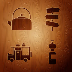 Poster - Set Bottle of water, Kettle with handle, Rv Camping trailer and Road traffic signpost on wooden background. Vector.