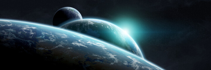 Leinwandbilder - Panoramic space planets background. Panorama of distant solar system with exoplanets 3D rendering elements of this image furnished by NASA