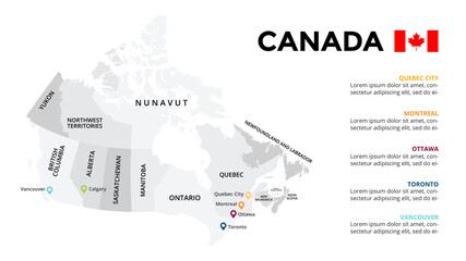 Wall Mural - Canada vector map infographic template. Slide presentation. Quebec City, Montreal, Ottawa, Toronto, Vancouver. North America country. World transportation geography data. 