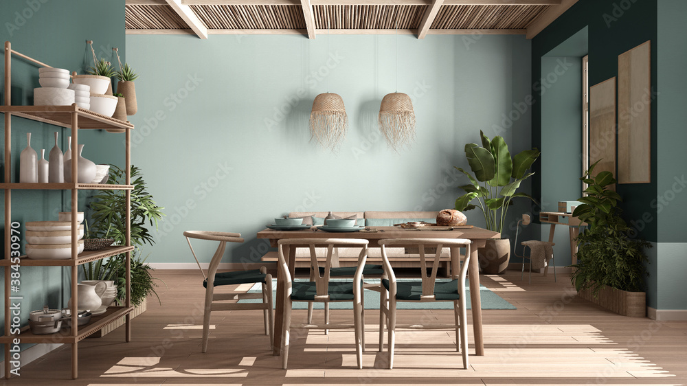 Country living room, eco interior design in turquoise tones, sustainable parquet, dining table, chairs, wooden shelves and bamboo ceiling. Natural recyclable architecture concept - obrazy, fototapety, plakaty 