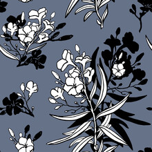 Oleander Flower Seamless Pattern Vector Illustration, Black And White Graphic Element On The Blue Background