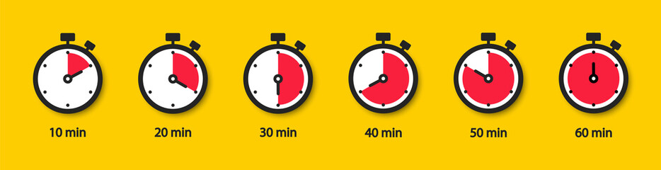 Set of timer icons. Stopwatch set. Clock, time and countdown. Vector elements.